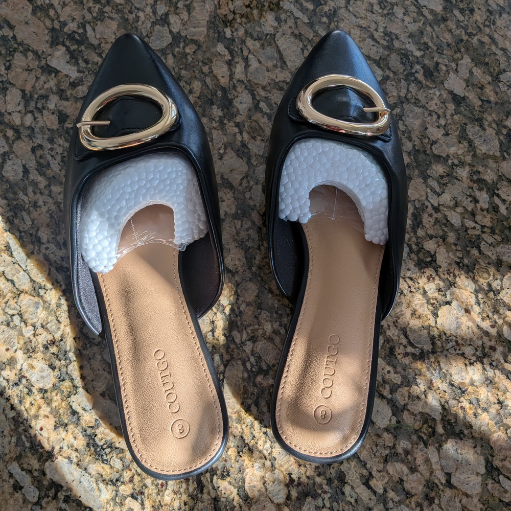 Black and Gold Pointed Mules Women's Shoes Brand New